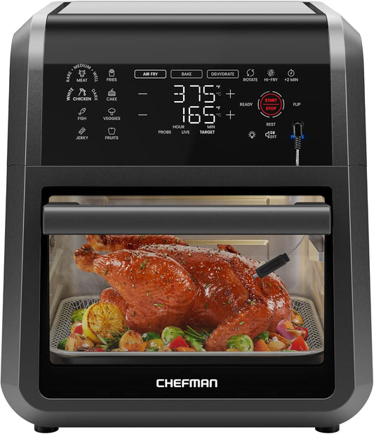 CHEFMAN Exactemp™ 12 Quart 5-In-1 Air Fryer with Integrated Smart Cooking Thermometer, 28 Touchscreen Presets, Rotisserie, Dehydrator, Bake, XL Convection Oven with Auto Shutoff, Black