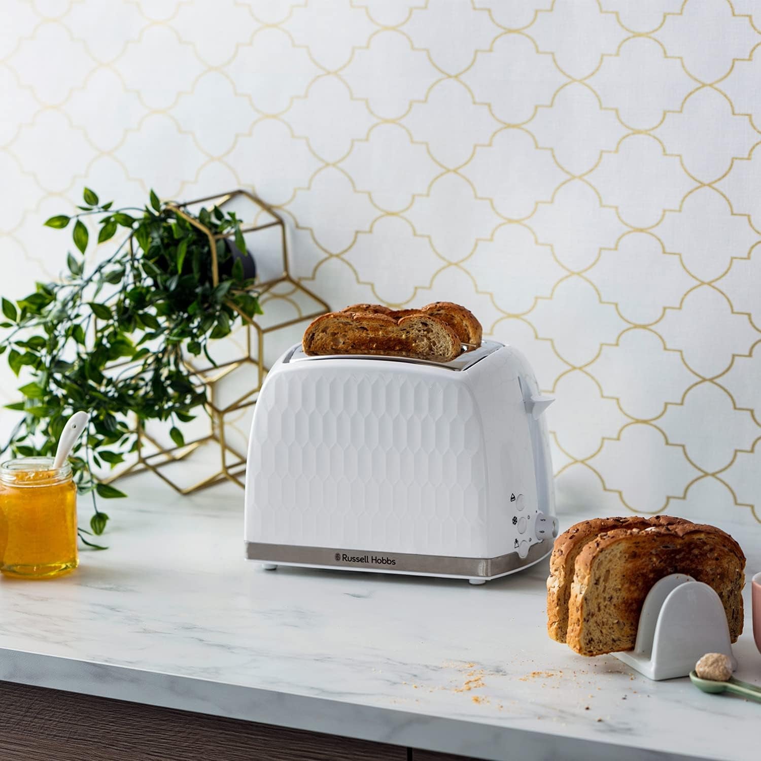 Honeycomb 2 Slice Toaster (Extra Wide Slots, High Lift Feature, 6 Browning Levels, Frozen/Cancel/Reheat Function, Removable Crumb Tray, 850W, White Textured High Gloss) 26060