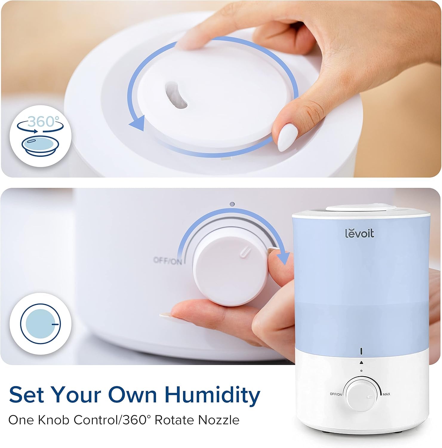 LEVOIT Dual 150 Humidifiers for Bedroom Large Room, 3L Cool Mist Top Fill Essential Oil Diffuser for Baby Nursery and Plants, 360° Nozzle, Quiet Rapid Ultrasonic Humidification for Home, Blue