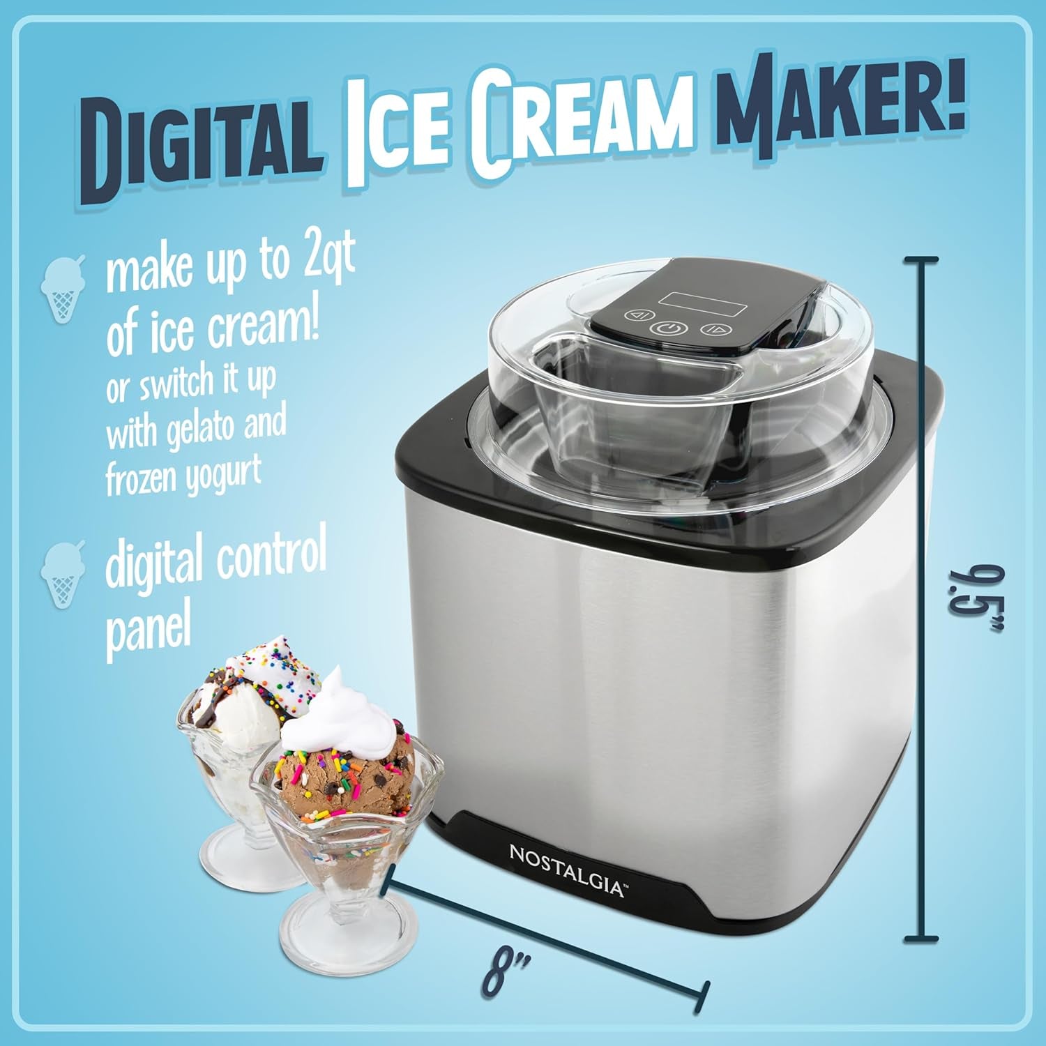 Nostalgia 2-Quart Digital Electric Ice Cream for Homemade Ice-Cream, No Salt or Ice Required, Overnight Chill Canister, Stainless Steel