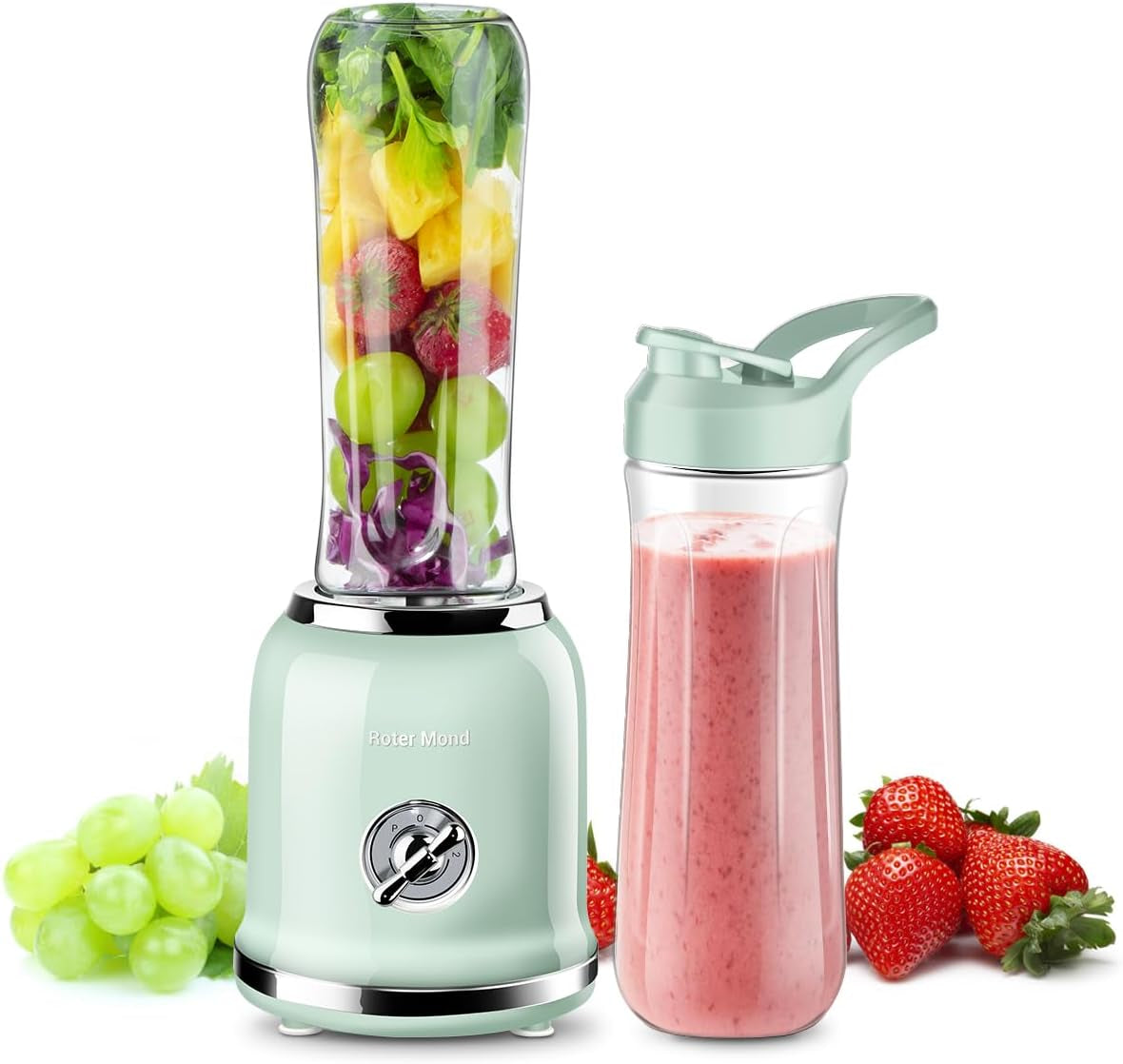 Personal Blender, Roter Mond Powerful Smoothie Blender with 2 Portable Bottle 2 Speed Control & Pulse Function 6 Stainless Steel Blades, Bpa-Free (Green) (BL019)