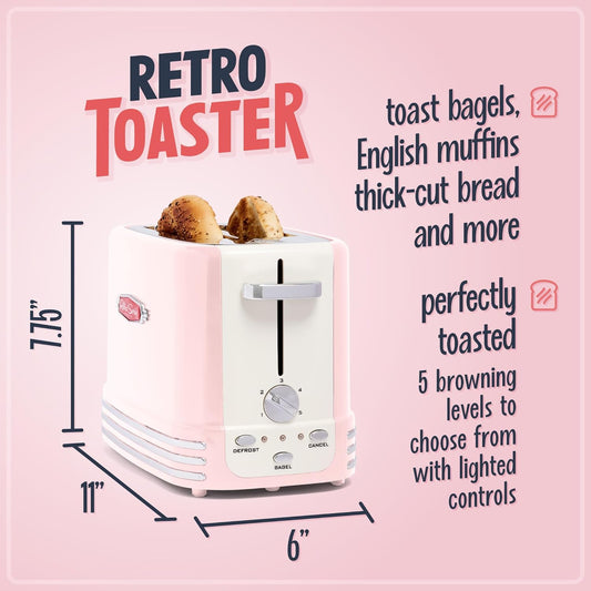 Nostalgia Retro Wide 2-Slice Toaster, Vintage Design with Crumb Tray, Cord Storage & 5 Toasting Levels, Pink