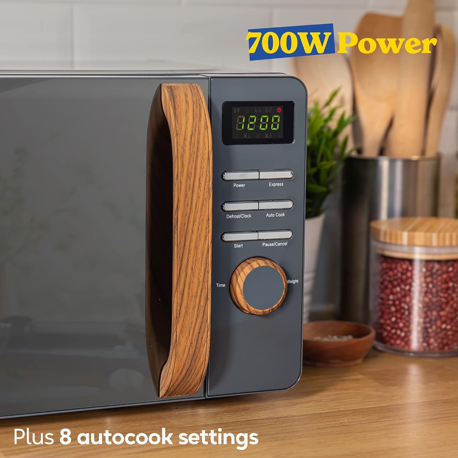 RHMD714G 17 L 700 W Scandi Grey Digital Microwave with 5 Power Levels, Wood Effect Handle & Dials, Clock & Timer, Automatic Defrost, Easy Clean, 8 Auto Cook Menus