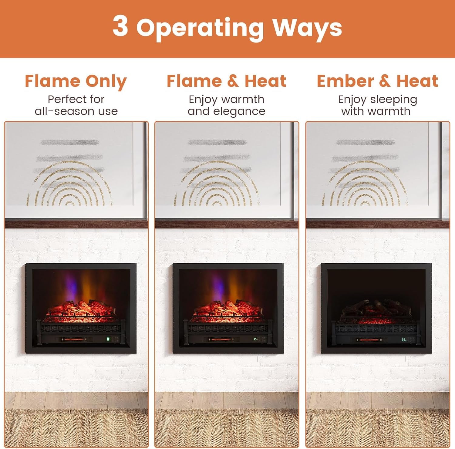 SIMOE Electric Fireplace Heater with 5 Flame Modes & Brightness With Remote and Thermostat Control