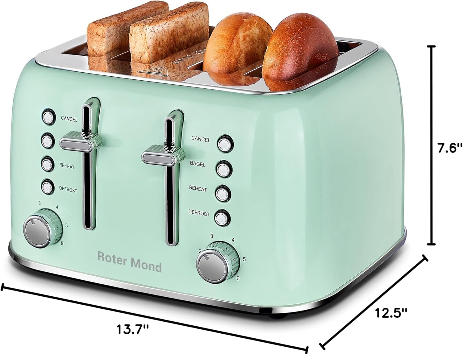 Roter Mond Retro Stainless Steel Toaster 4 Slice Extra Wide 6 Browning Levels Aqua Green