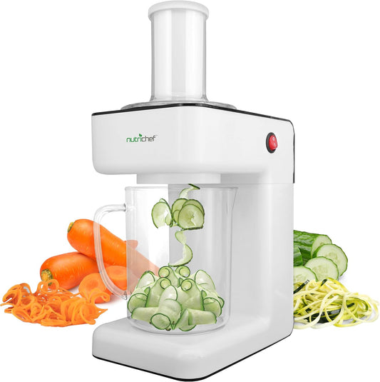 Nutrichef Electric Food Chopper | Zoodle Maker | 3-In-1 Vegetable Processor, Fruit Cutter, Spiral Shredder Machine, Veggie Spaghetti & Noodle Maker | Includes Food Plunger & 1.2L Bowl