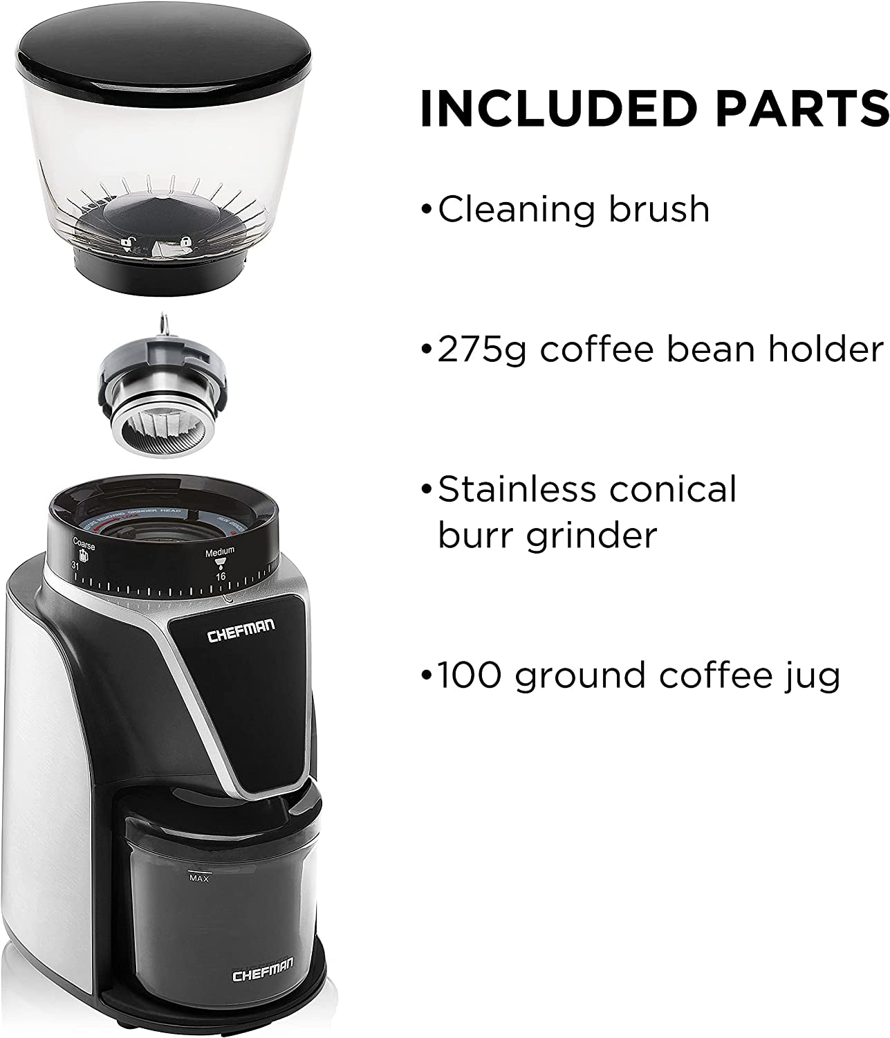 Chefman Conical Burr Coffee Grinder, Create the Boldest & Most Flavorful Grind with 31 Settings from Coarse to Extra Fine, One-Touch Digital Control & 9.7-Oz Bean Capacity, Black