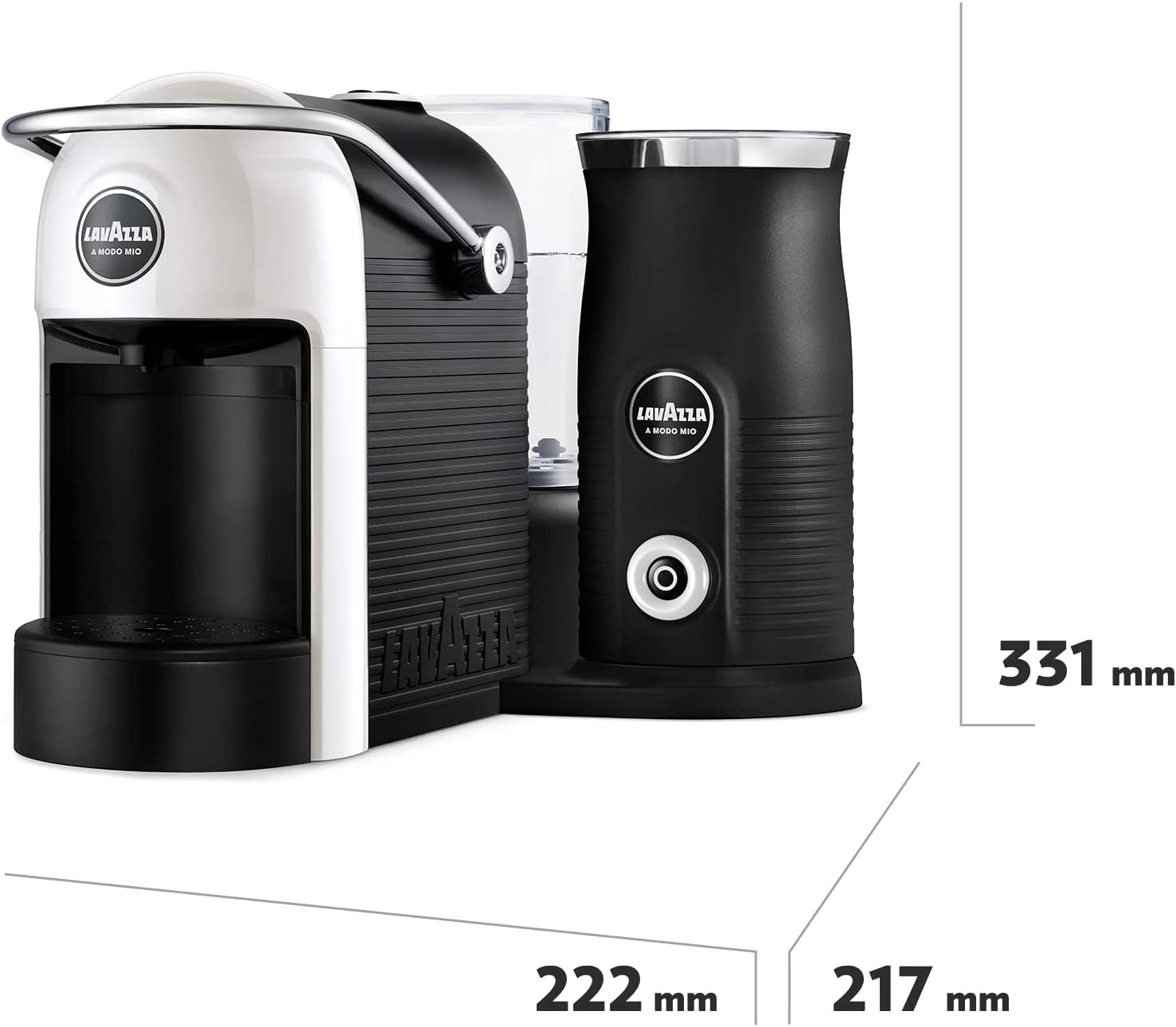 , a Modo Mio Jolie & Milk Coffee Machine, Coffee Capsule Machine with Integrated Milk Frother and Removable Grid, Compatible with a Modo Mio Coffee Pods, 1250 W, 220–240 V, 50–60 Hz, White