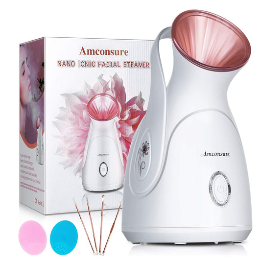 Amconsure Nano Ionic Face Steamer 100ML Warm Mist Humidifier for Face Spa Steamer | Bonus Stainless Steel Skin Kit and 2 Face Scrubbers