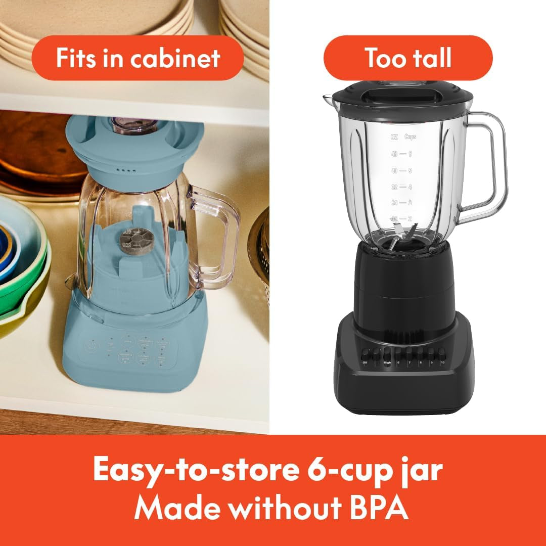 Bella 10 Speed Countertop Blender, Juicer & Smoothie Maker, Fits-Anywhere™ Kitchenware, Slim Flip & Store Design, Dishwasher Safe 48Oz Capacity Pitcher & Lid, Stainless Steel Blade, 450 Watt, Surf