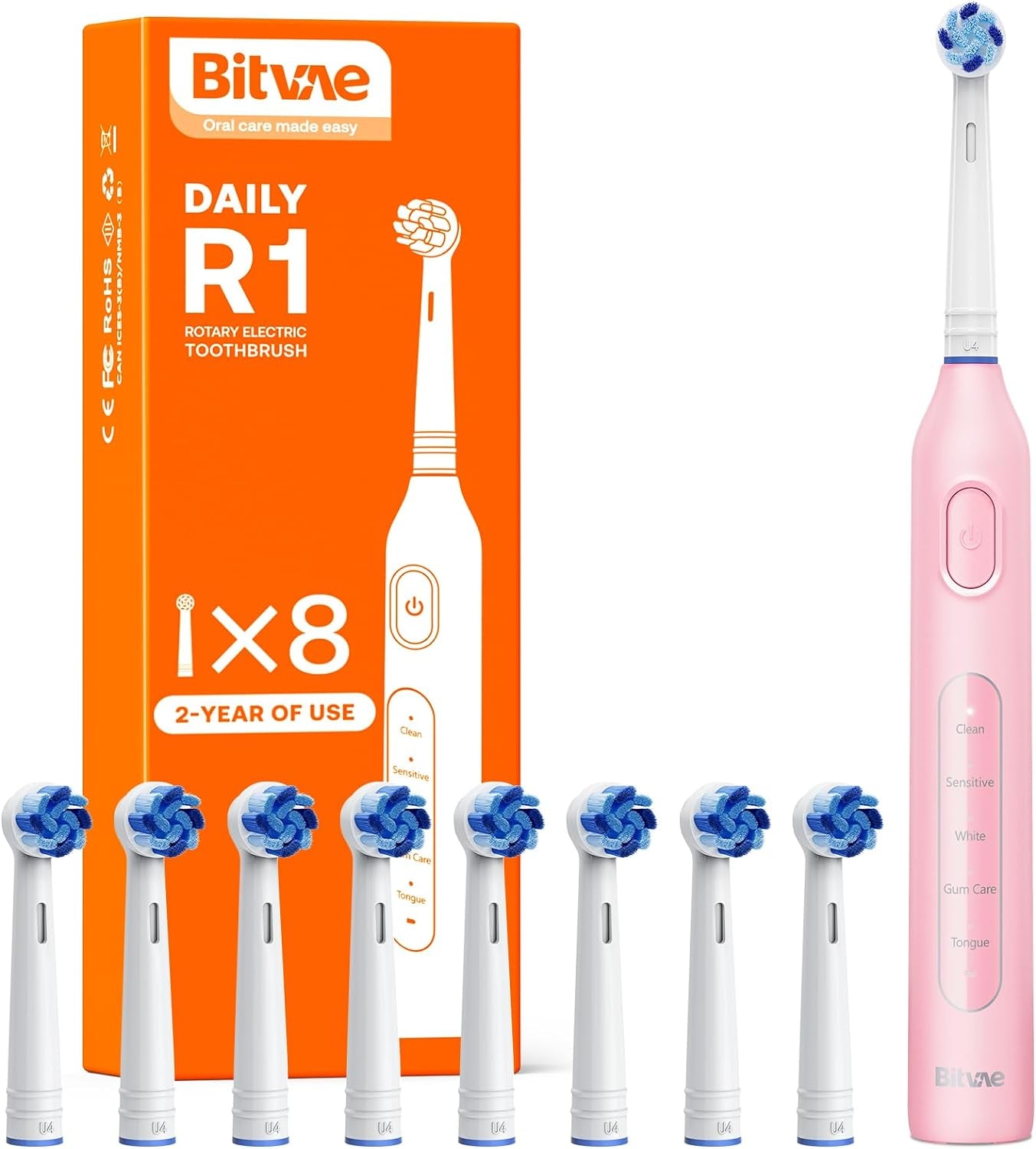 Bitvae Electric Toothbrush 8 Brush 5 Modes Brushing Pink