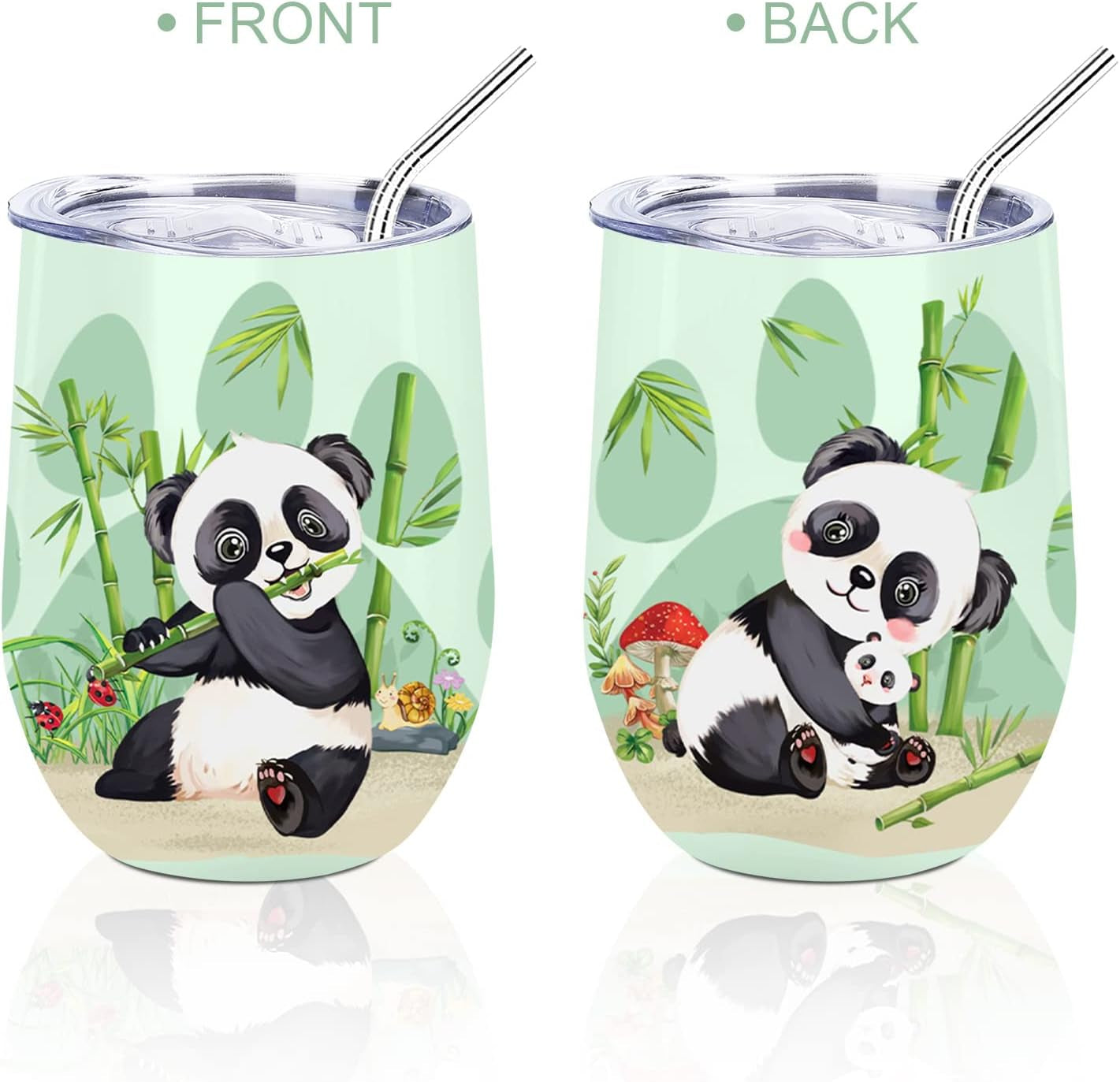 Nymphfable Coffee Mug with Lid and Straw Stainless Steel Panda 