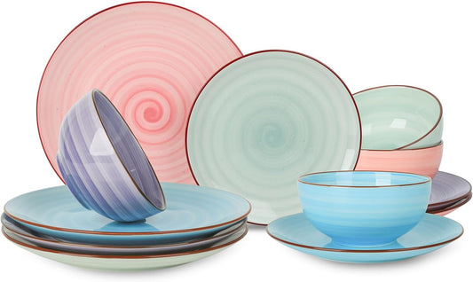 Selamica Ceramic 12-Pieces Dinnerware Sets, Kitchen Ceramic Plates and Bowls Sets, Dishes Set Service for 4, Dinner Salad Dessert Plates and Cereal Bowls Set, Gradient Color