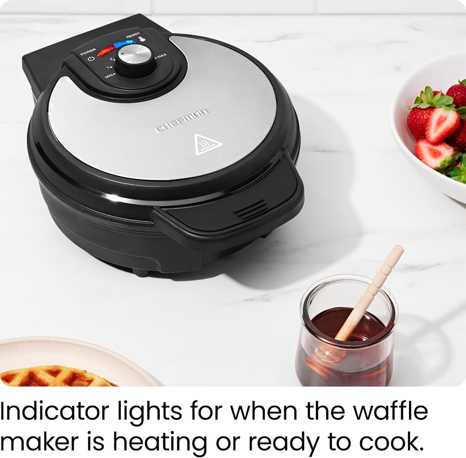 Chefman Anti-Overflow Belgian Waffle Maker W/Shade Selector, Stainless Steel, Temperature Control, Mess Free Moat, round Nonstick Iron Plate, Cool Touch Handle, Measuring Cup Included