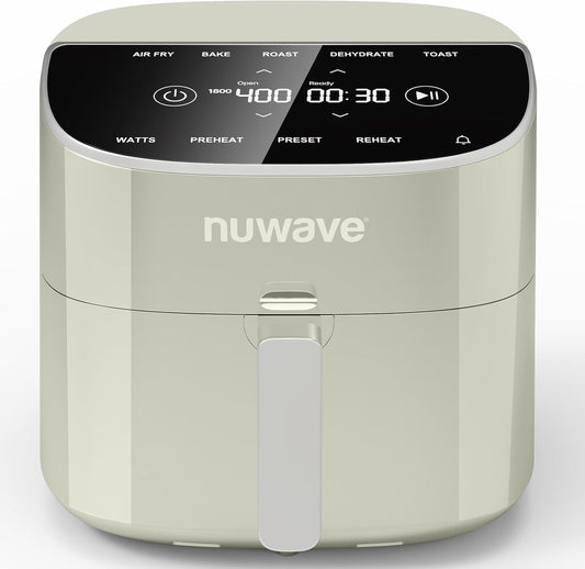 Nuwave Brio plus 8 Qt Air Fryer, PFAS Free, New & Improved, Digital Touch Screen, Cool White Display, 50°F~400°F in Precise 5°, 5 Cook Functions, 100 Presets & 50 Memory, 3 Wattages 700, 1500, 1800