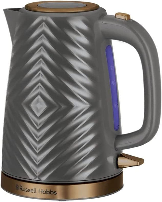 Groove Electric 1.7L Cordless Kettle (Fast Boil 3KW, Grey Textured Plastic with Brushed Gold Accents, Removable Washable Anti-Scale Filter, Push to Open Lid, Perfect Pour Spout) 26382