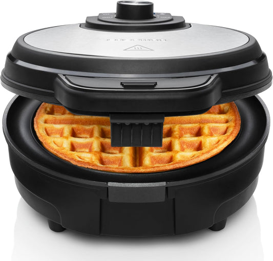 Chefman Anti-Overflow Belgian Waffle Maker W/Shade Selector, Stainless Steel, Temperature Control, Mess Free Moat, round Nonstick Iron Plate, Cool Touch Handle, Measuring Cup Included