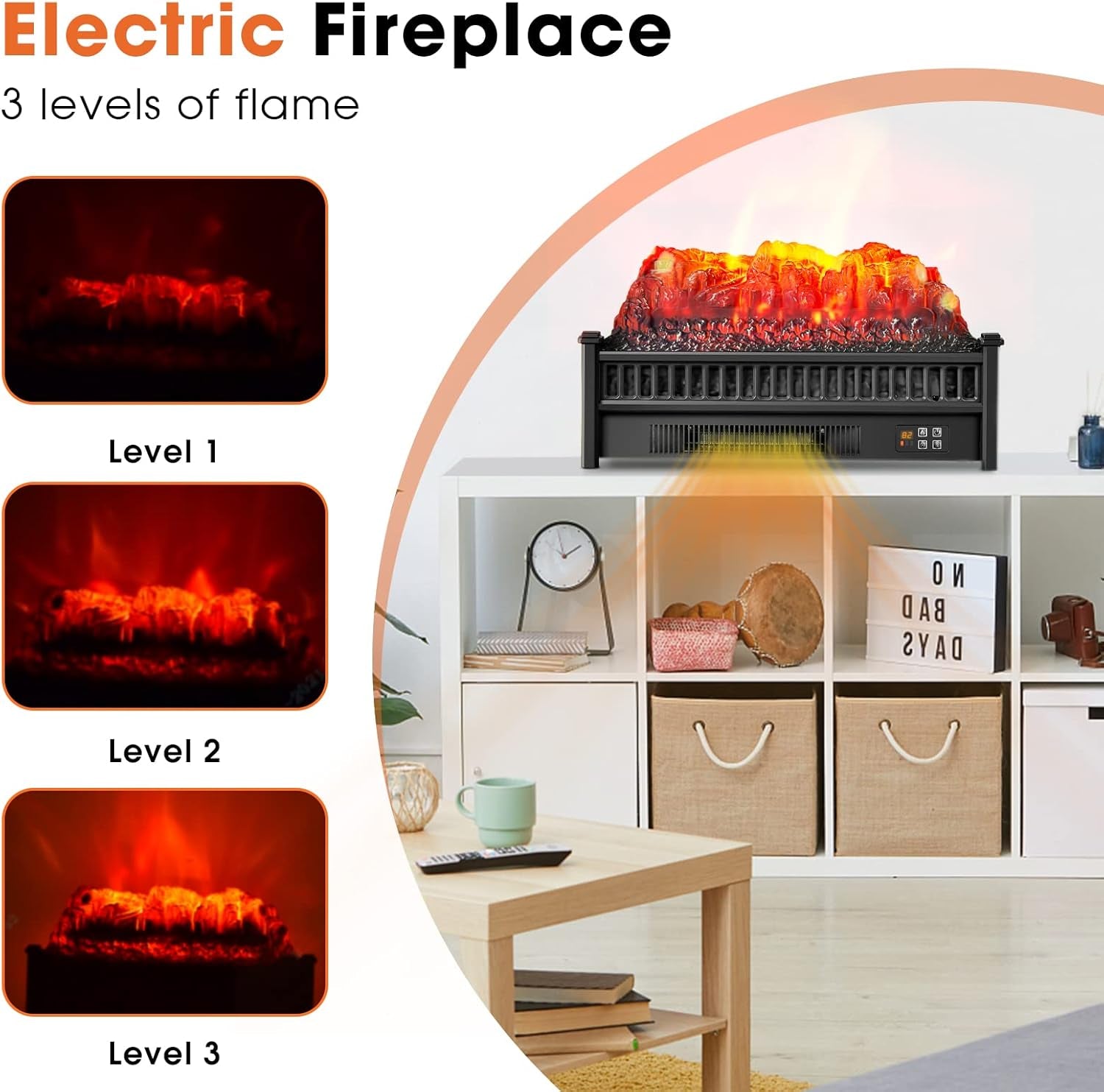 SIMOE Electric Fireplace Heater Flame Brightness Adjustable With Remote Control