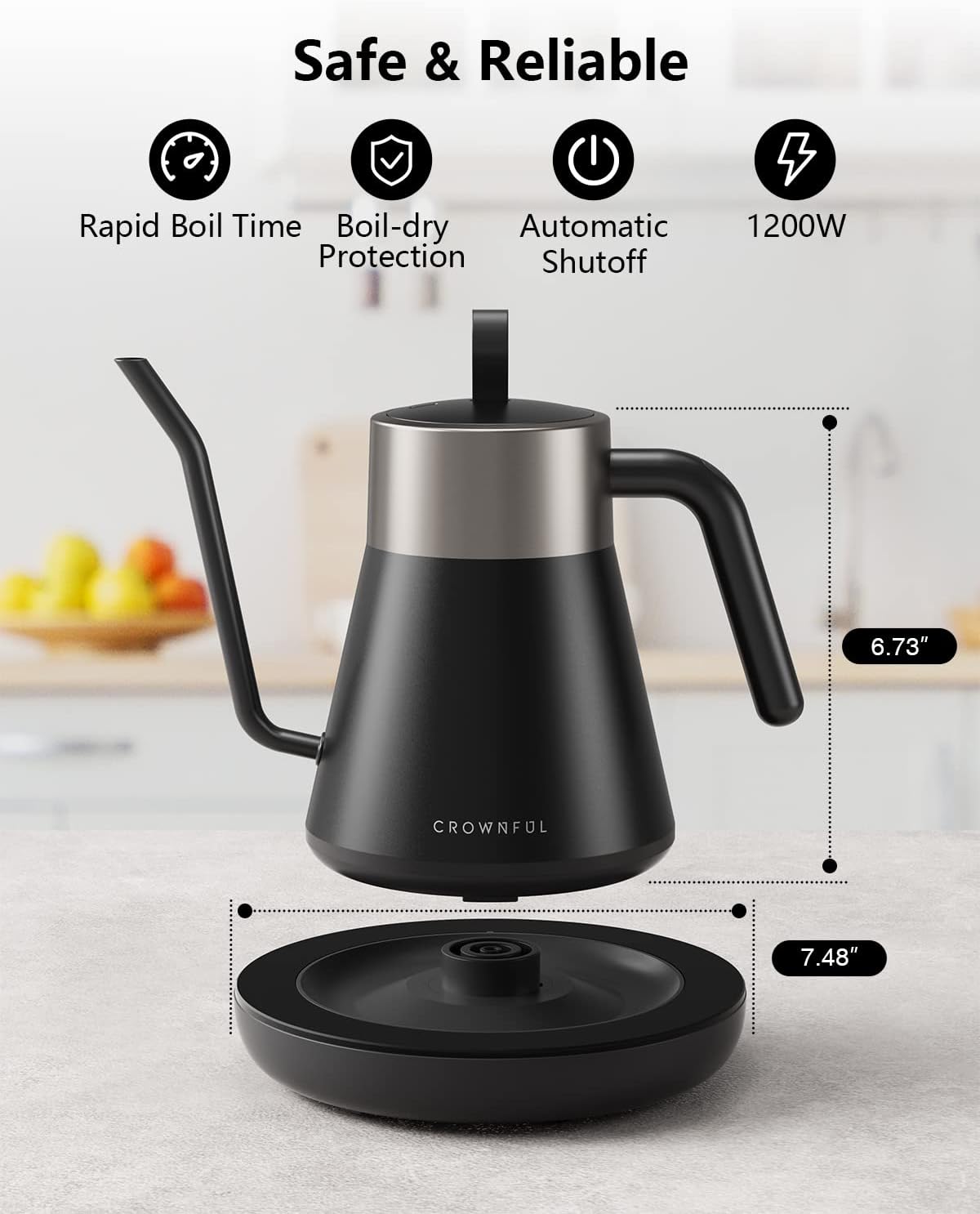 CROWNFUL Smart Electric Gooseneck Kettle with 4 Variable Presets, ±1℉ Temperature Control, 0.8L Capacity, 1200W Quick Heating, 100% Stainless Steel, Pour over Coffee Kettle, Alexa Control