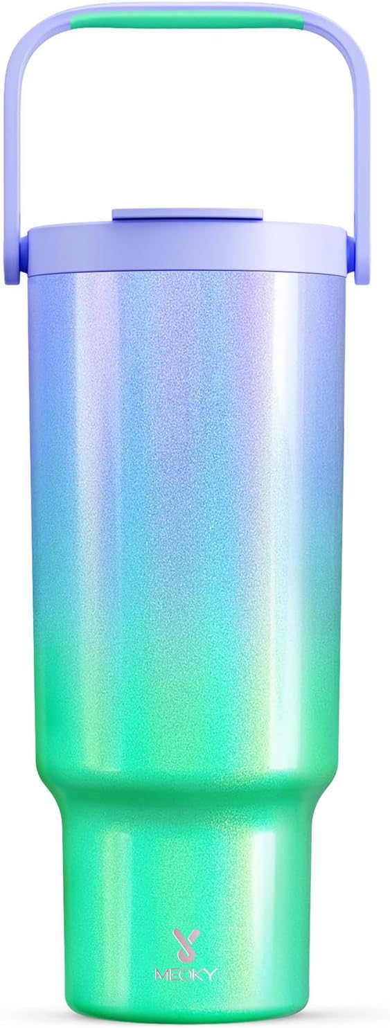 Meoky 40 Oz Tumbler with Handle and Straw, Insulated Water Bottle, Stainless Steel Travel Mug, Keeps Cold for 34 Hours, 100% Leak Proof, Fits in Car Cup Holder (Carnival)