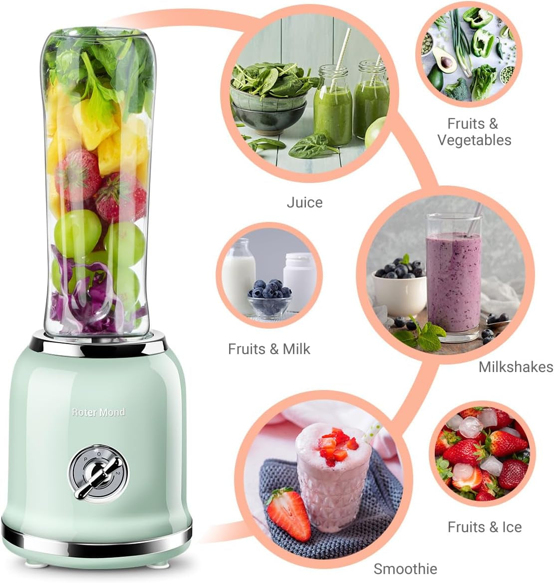 Personal Blender, Roter Mond Powerful Smoothie Blender with 2 Portable Bottle 2 Speed Control & Pulse Function 6 Stainless Steel Blades, Bpa-Free (Green) (BL019)