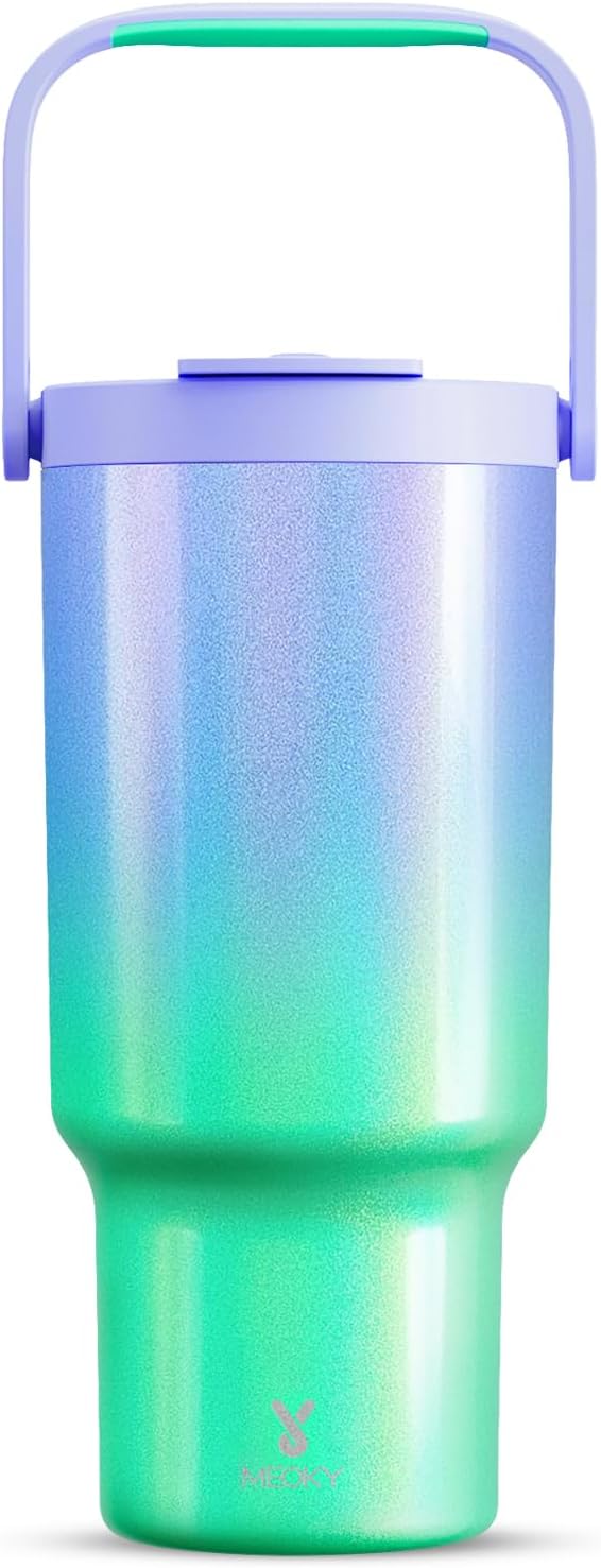 Meoky 32 Oz Tumbler with Handle, Tumbler with Lid and Straw, Stainless Steel Travel Mug, 100% Leak Proof, Keeps Cold for 24 Hours, Fits in Car Cup Holder (Carnival)