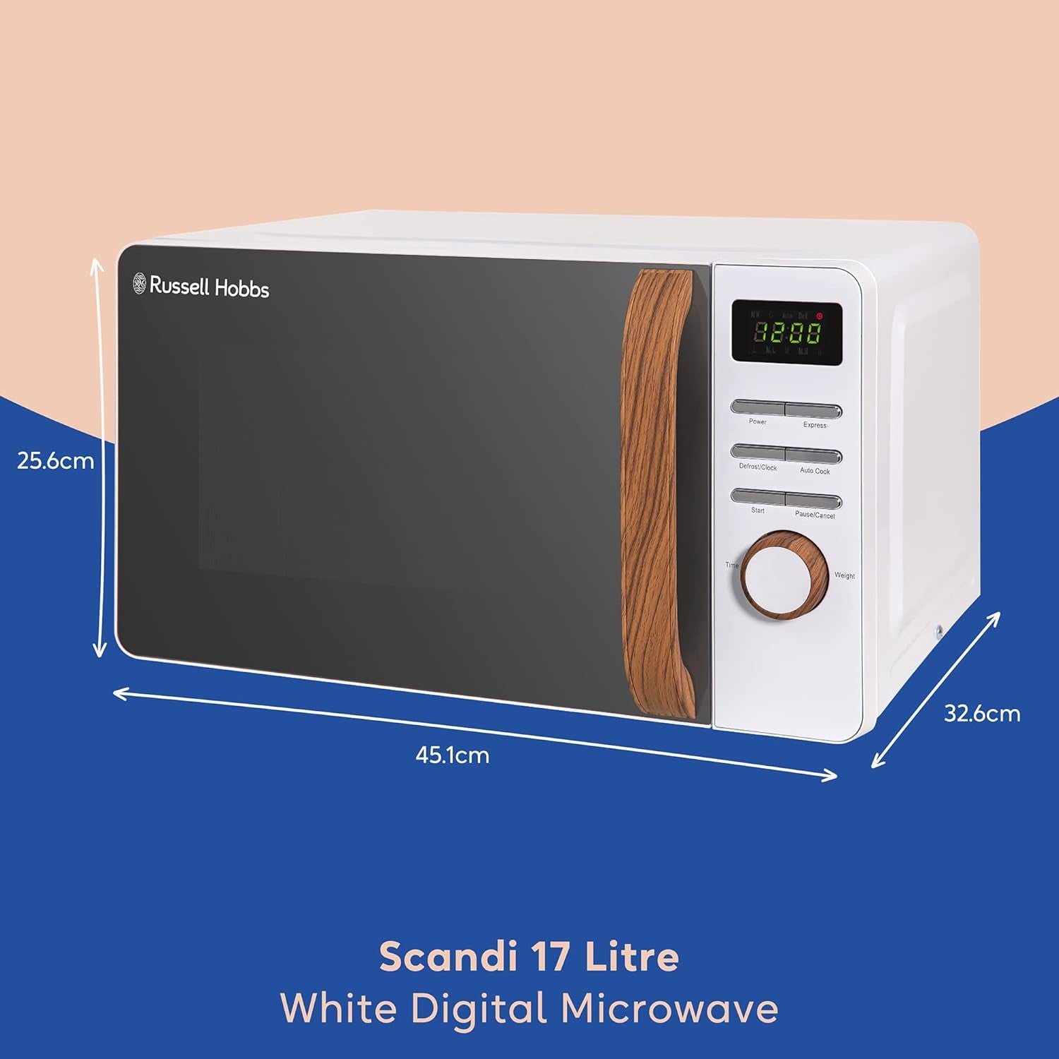 RHMD714 17 L 700 W Scandi White Digital Microwave with 5 Power Levels, Wood Effect Handle & Dials, Clock & Timer, Automatic Defrost, Easy Clean, 8 Auto Cook Menus