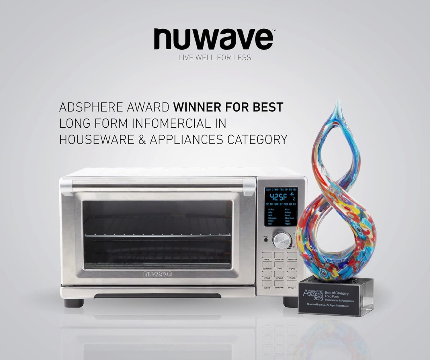 Nuwave Bravo Air Fryer Toaster Smart Oven, 12-In-1 Countertop Convection, 30-QT XL Capacity, 50°-500°F Temperature Controls, Top and Bottom Heater Adjustments 0%-100%, Brushed Stainless Steel Look