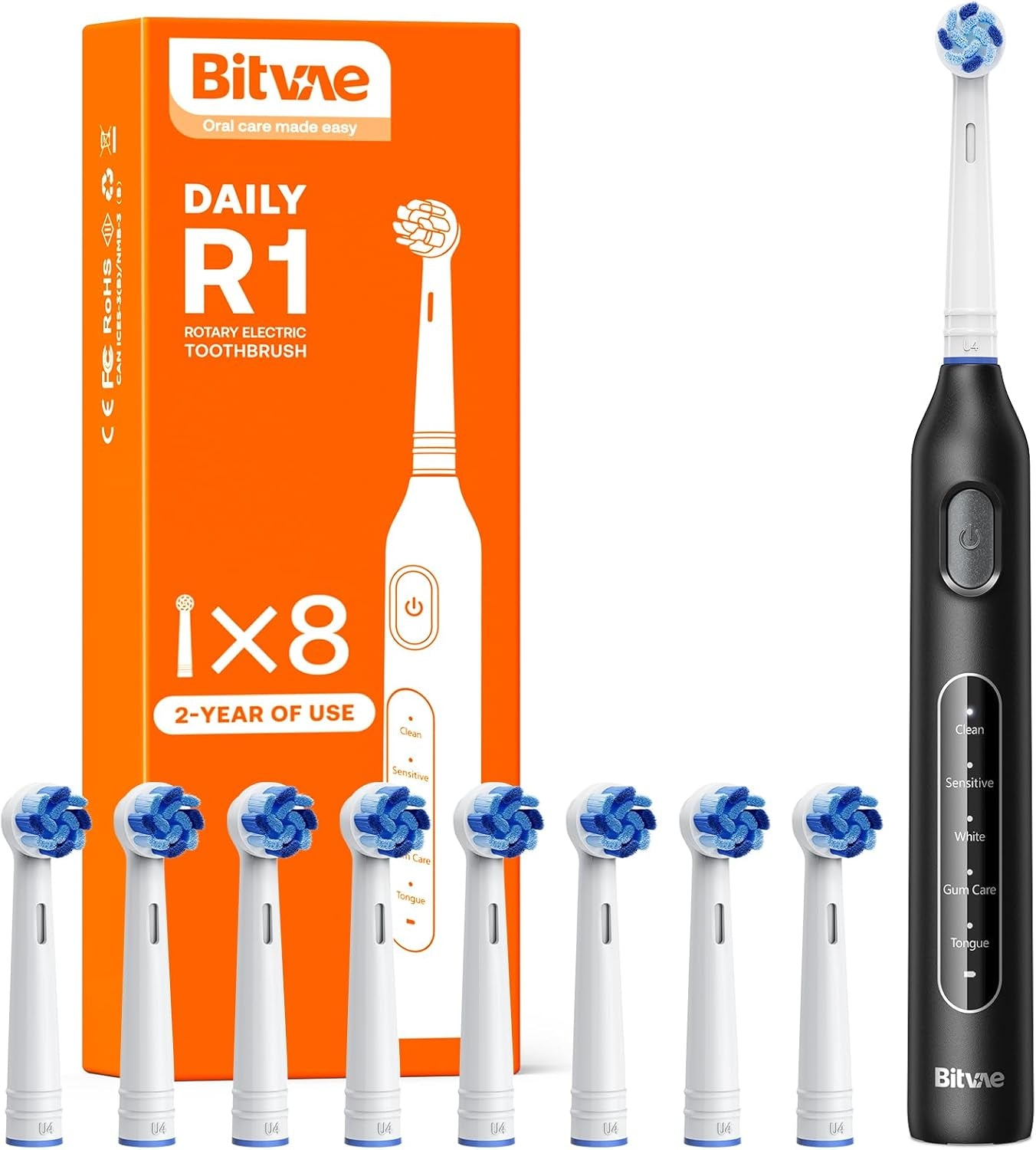 Bitvae Electric Toothbrush 8 Brush 5 Modes Brushing Black