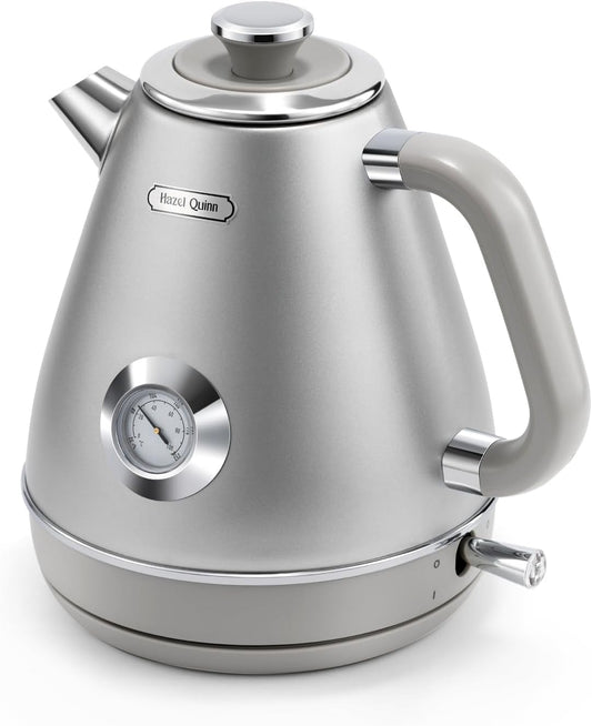 Hazel Quinn Retro Electric Kettle - 1.7 Liters / 57.5 Ounces Tea Kettle with Thermometer, All Stainless Steel, Fast Boiling 1200 W, Bpa-Free, Cordless, Rotational Base, Automatic Shut off - Space Gray