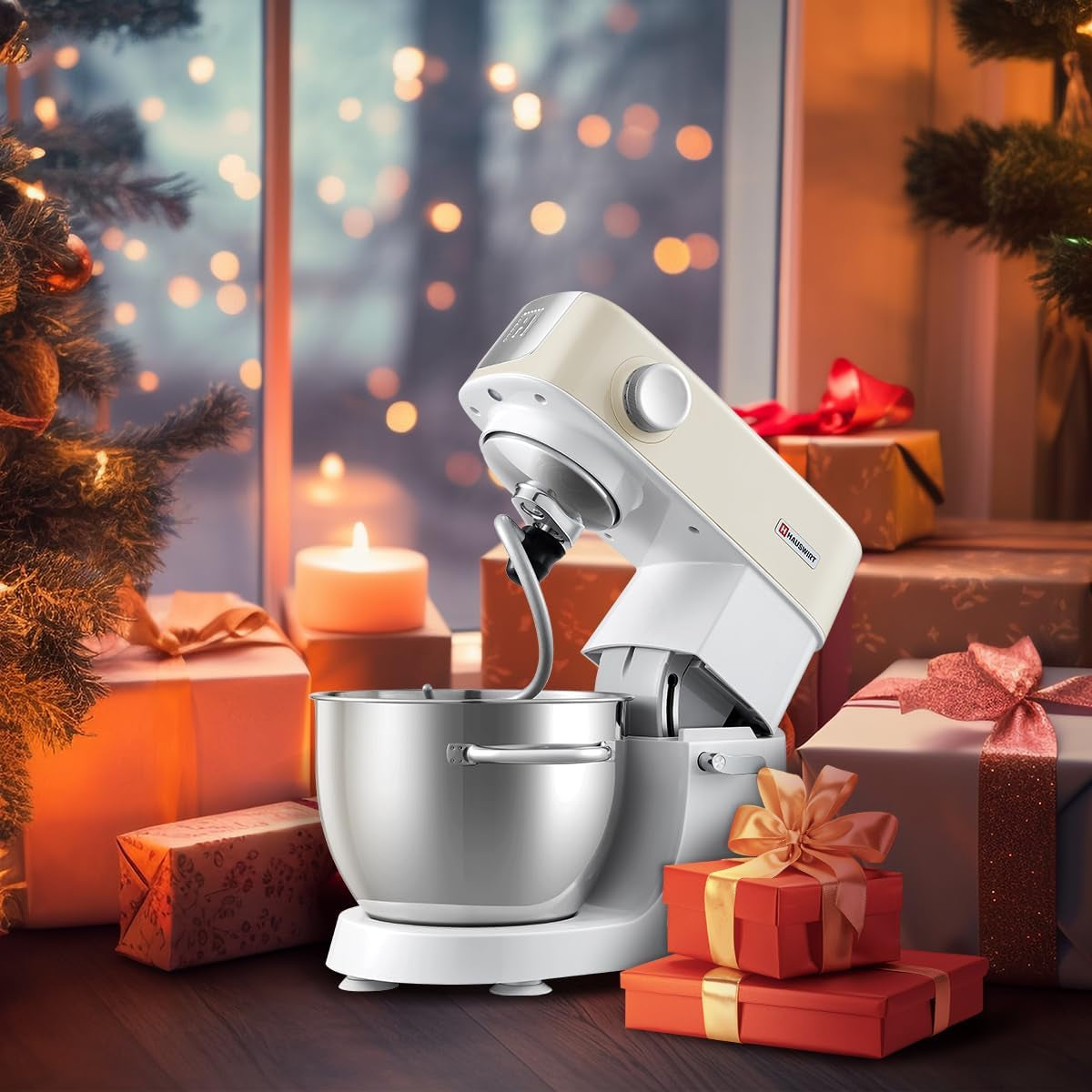 Hauswirt Electric Stand Mixer M5C, 3-In-1,5.4Qt Dough Mixer, 8-Speed Tilt-Head Food Mixer, Kitchen Electric Mixer with Dough Hook, Wire Whip & Beater, (Ivory White) Meat Grinder Sold Separately