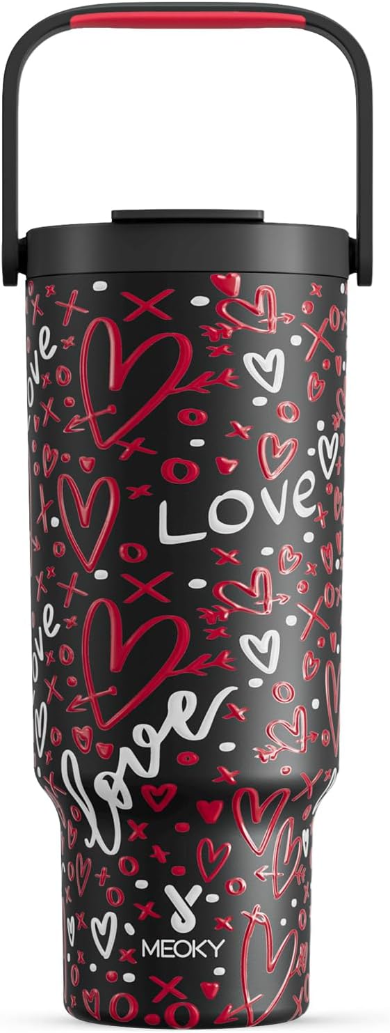 Meoky 40 Oz Tumbler with Handle and Straw, Insulated Water Bottle, Stainless Steel Travel Mug, Keeps Cold for 34 Hours, 100% Leak Proof, Fits in Car Cup Holder (Leopard)