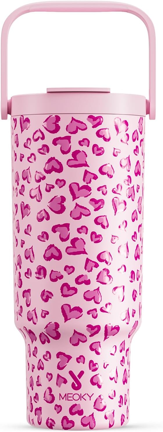 Meoky 40 Oz Tumbler with Handle and Straw, Insulated Water Bottle, Stainless Steel Travel Mug, Keeps Cold for 34 Hours, 100% Leak Proof, Fits in Car Cup Holder (Leopard)