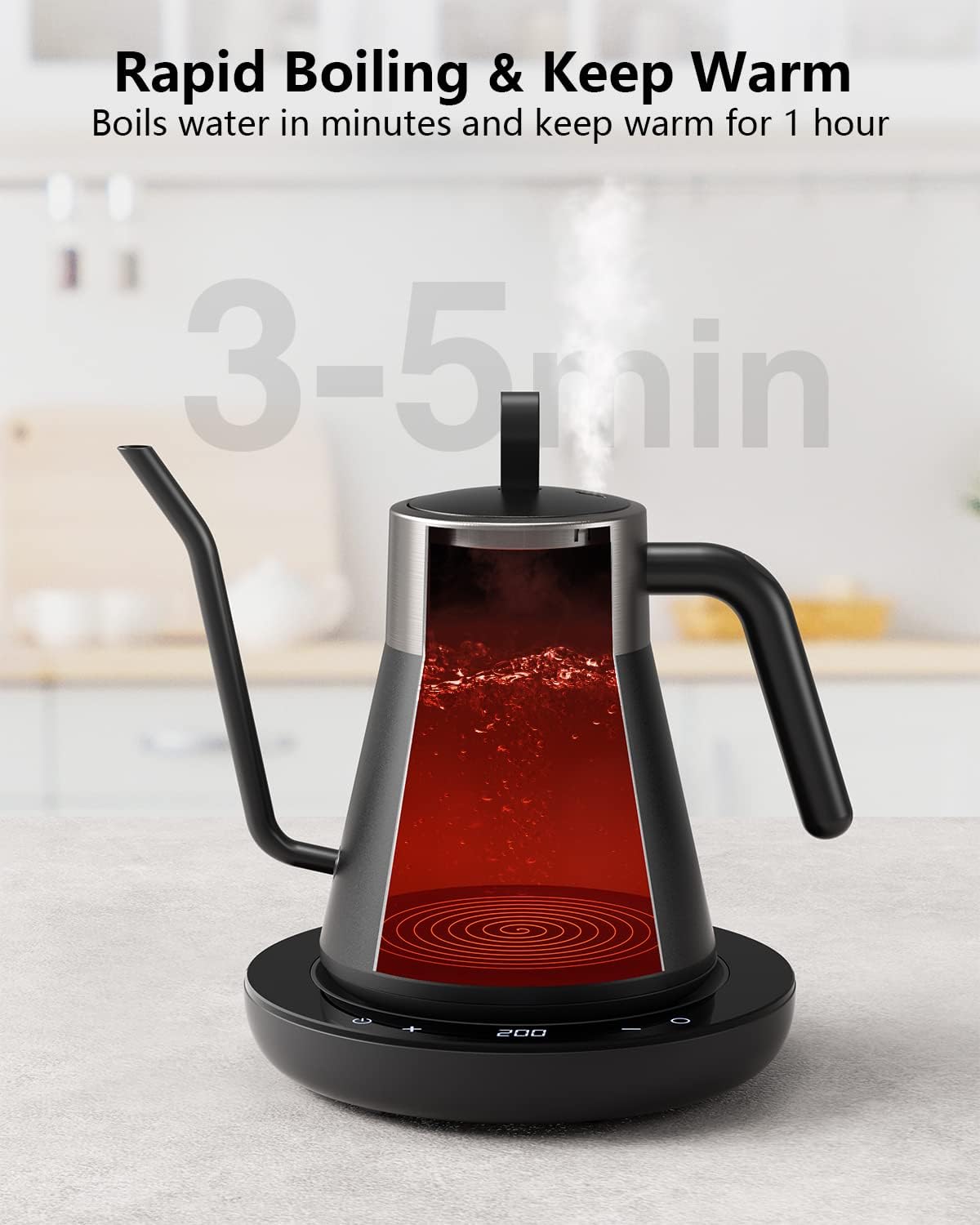 CROWNFUL Smart Electric Gooseneck Kettle with 4 Variable Presets, ±1℉ Temperature Control, 0.8L Capacity, 1200W Quick Heating, 100% Stainless Steel, Pour over Coffee Kettle, Alexa Control