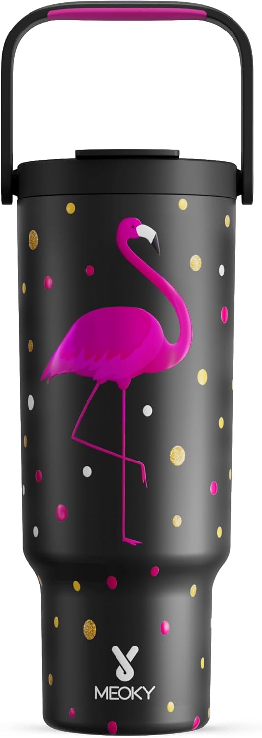 Meoky 40 Oz Tumbler with Handle and Straw, Insulated Water Bottle, Stainless Steel Travel Mug, Keeps Cold for 34 Hours, 100% Leak Proof, Fits in Car Cup Holder (Leopard)