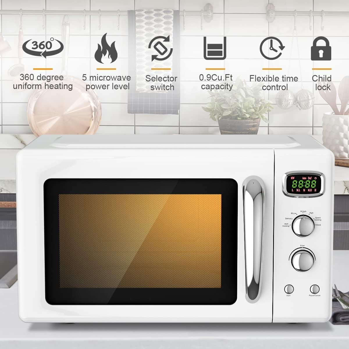 SIMOE Retro Microwave Oven 25L Defrost & Auto Cooking Function LED Display White