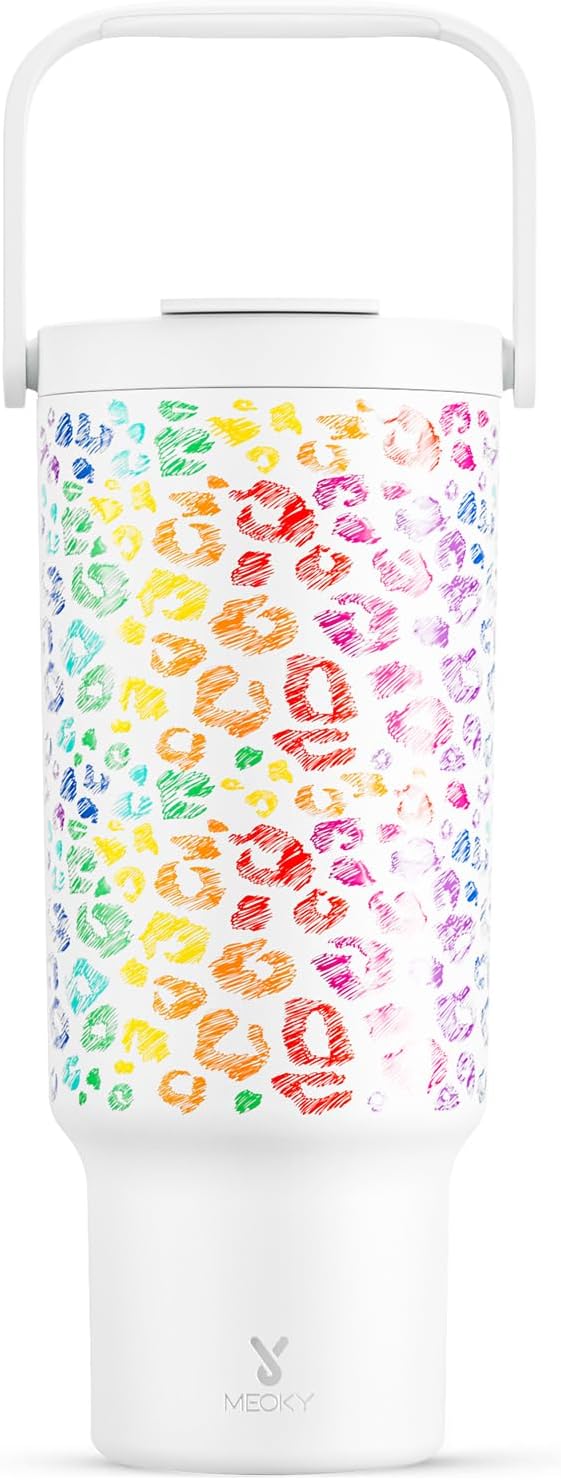 Meoky 40 Oz Tumbler with Handle and Straw, Insulated Water Bottle, Stainless Steel Travel Mug, Keeps Cold for 34 Hours, 100% Leak Proof, Fits in Car Cup Holder (Leopard)