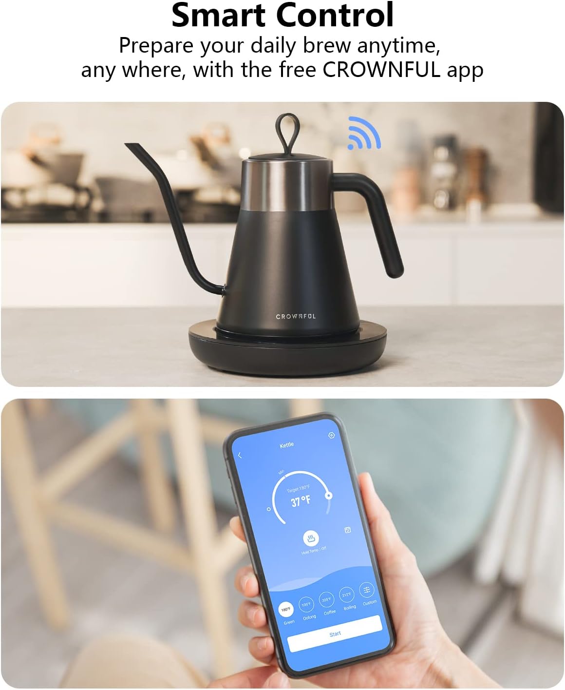 CROWNFUL Smart Electric Gooseneck Kettle with 4 Variable Presets, ±1℉ Temperature Control, 0.8L Capacity, 1200W Quick Heating, 100% Stainless Steel, Pour over Coffee Kettle, Alexa Control