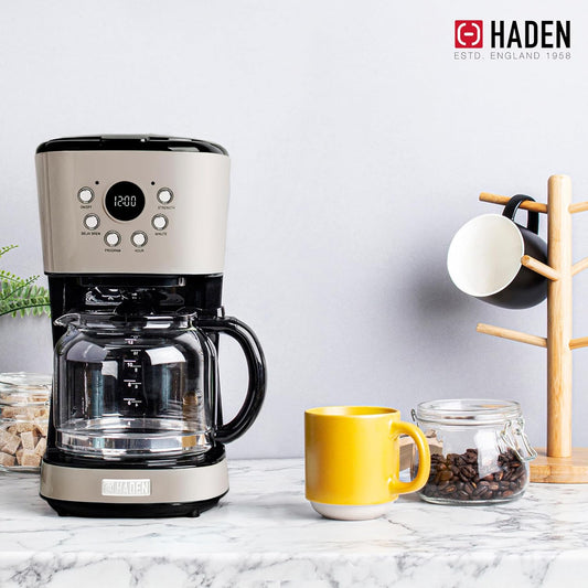 HADEN Coffee Machine, 12 Cup Programmable Drip Coffee Maker with Auto Shut-Off Function and Reusable Washable Water Filter, Putty & Chrome