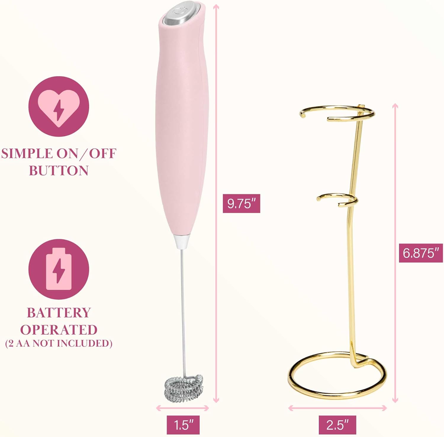 Paris Hilton Electric Handheld Milk Frother with Double Coil Head Whisk and Gold Metal Stand, Battery Powered (2 AA Batteries Required but Not Included), Pink Sparkle Finish