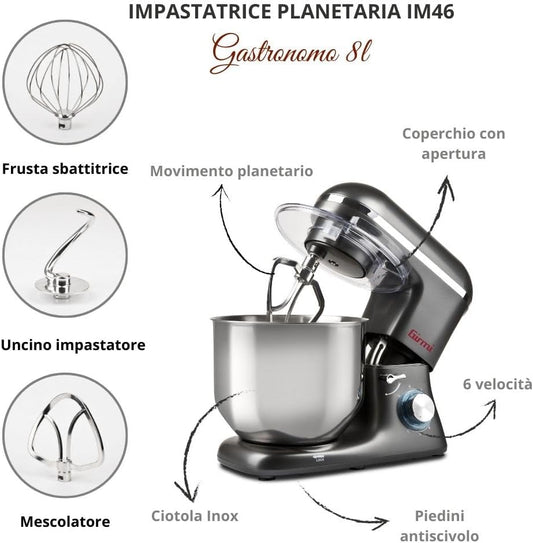 Girmi Planetary Mixer 6 Speed 8 Litres Stainless Steel Container 1800 W Anthracite Grey