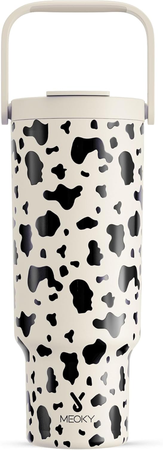 Meoky 40 Oz Tumbler with Handle and Straw, Insulated Water Bottle, Stainless Steel Travel Mug, Keeps Cold for 34 Hours, 100% Leak Proof, Fits in Car Cup Holder (Leopard)