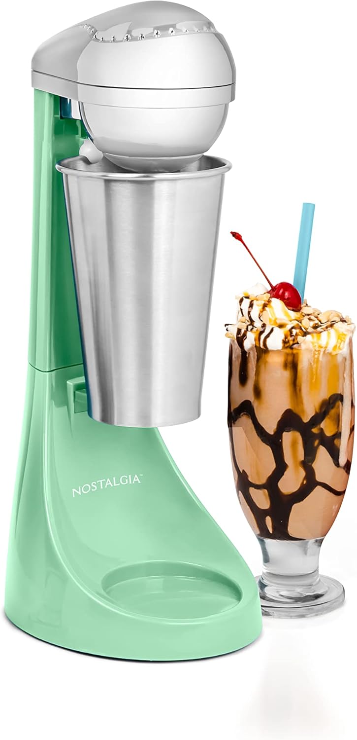 Nostalgia Two-Speed Electric Milkshake Maker and Drink Mixer, Includes 16-Ounce Stainless Steel Mixing Cup and Rod, Cream