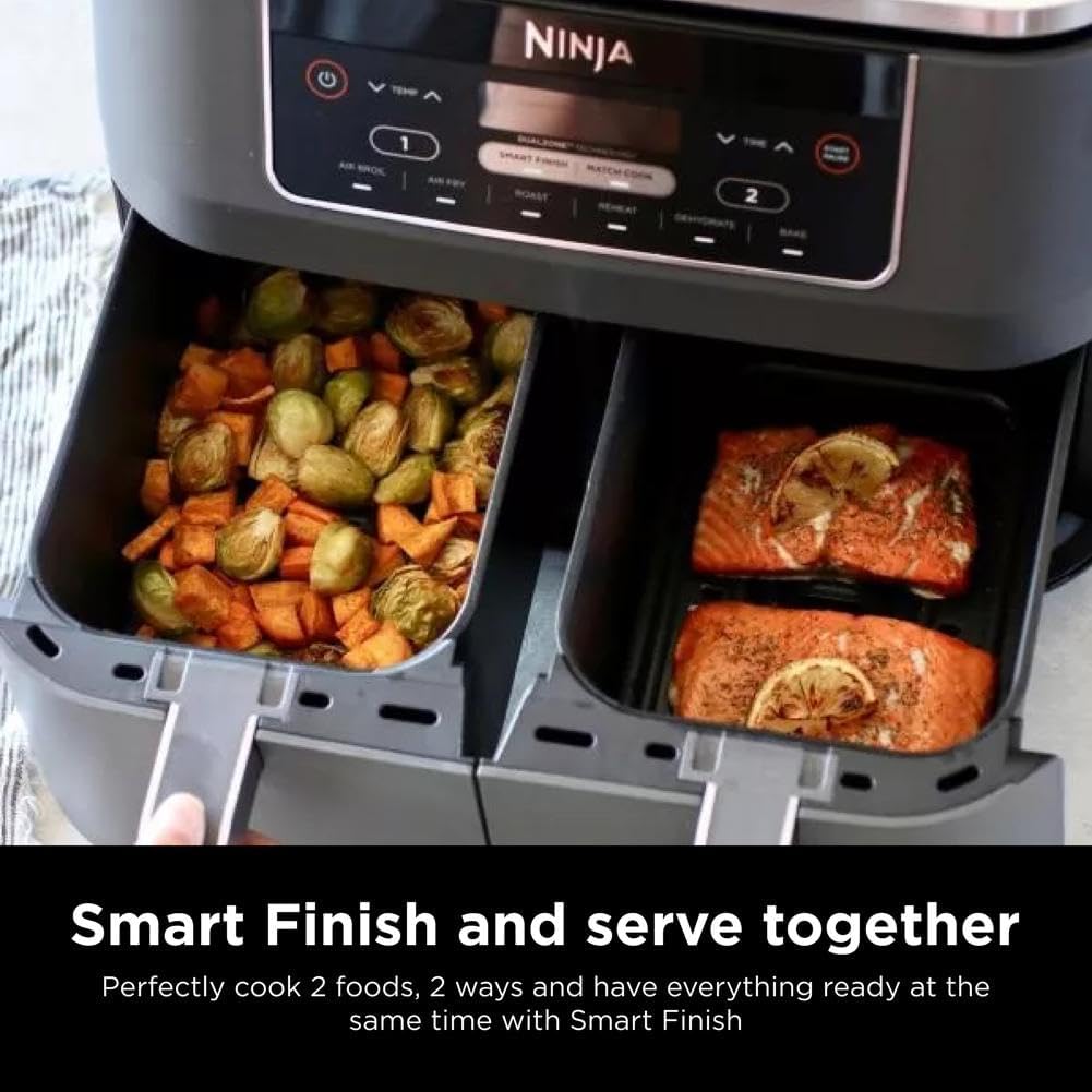 Ninja DZ201 Foodi 8 Quart 6-In-1 Dualzone 2-Basket Air Fryer with 2 Independent Frying Baskets, Match Cook & Smart Finish to Roast, Broil, Dehydrate & More for Quick, Easy Meals, Grey