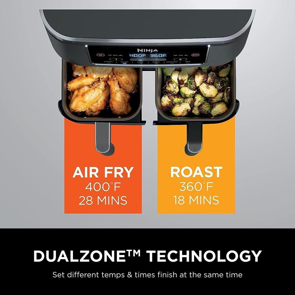 Ninja DZ201 Foodi 8 Quart 6-In-1 Dualzone 2-Basket Air Fryer with 2 Independent Frying Baskets, Match Cook & Smart Finish to Roast, Broil, Dehydrate & More for Quick, Easy Meals, Grey