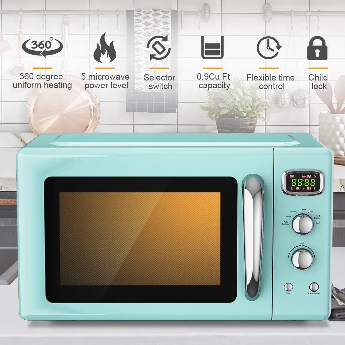 SIMOE Retro Microwave Oven 25L Defrost & Auto Cooking Function LED Display Mint Green