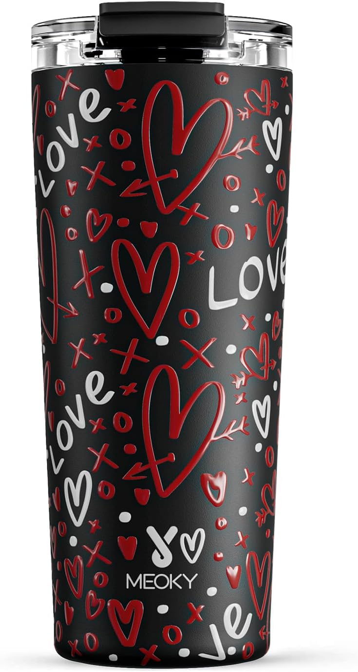 Meoky 24 Oz Travel Coffee Mug with Leak-Proof Lid, Stainless Steel Insulated Coffee Tumbler, Keeps Hot for 8 Hours or Cold for 24 Hours, Fits in Car Cup Holder (Kiss)