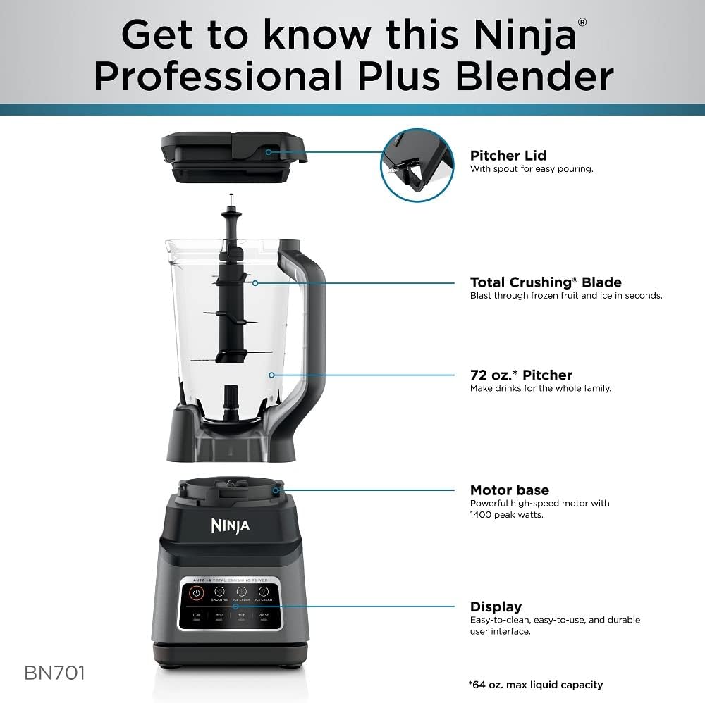 Ninja BN701 Professional plus Blender, 1400 Peak Watts, 3 Functions for Smoothies, Frozen Drinks & Ice Cream with Auto IQ, 72-Oz.* Total Crushing Pitcher & Lid, Dark Grey