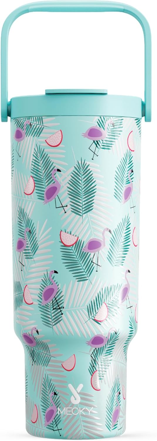 Meoky 40 Oz Tumbler with Handle and Straw, Insulated Water Bottle, Stainless Steel Travel Mug, Keeps Cold for 34 Hours, 100% Leak Proof, Fits in Car Cup Holder (Leopard)