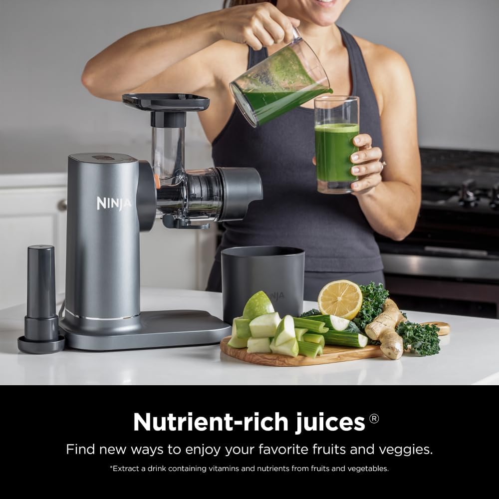 Ninja JC151 Neverclog Cold Press Juicer, Powerful Slow Juicer with Total Pulp Control, Countertop, Electric, 2 Pulp Functions, Dishwasher Safe, 2Nd Generation, Charcoal